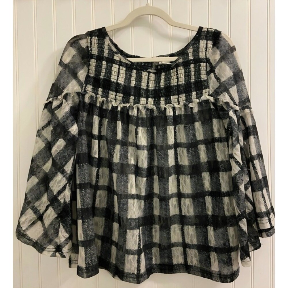 Anthropologie Akemi + Kin Patrizia Lace Plaid Blouse Flare Sleeves Size Medium - Picture 2 of 8